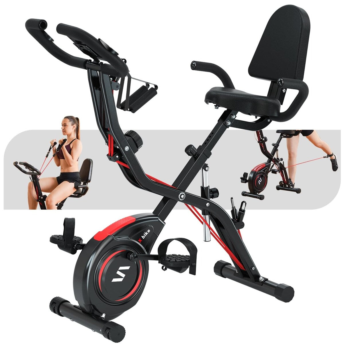 Folding Exercise Bike w Arm Leg Bands Foldable Stationary Bike for Overstock
