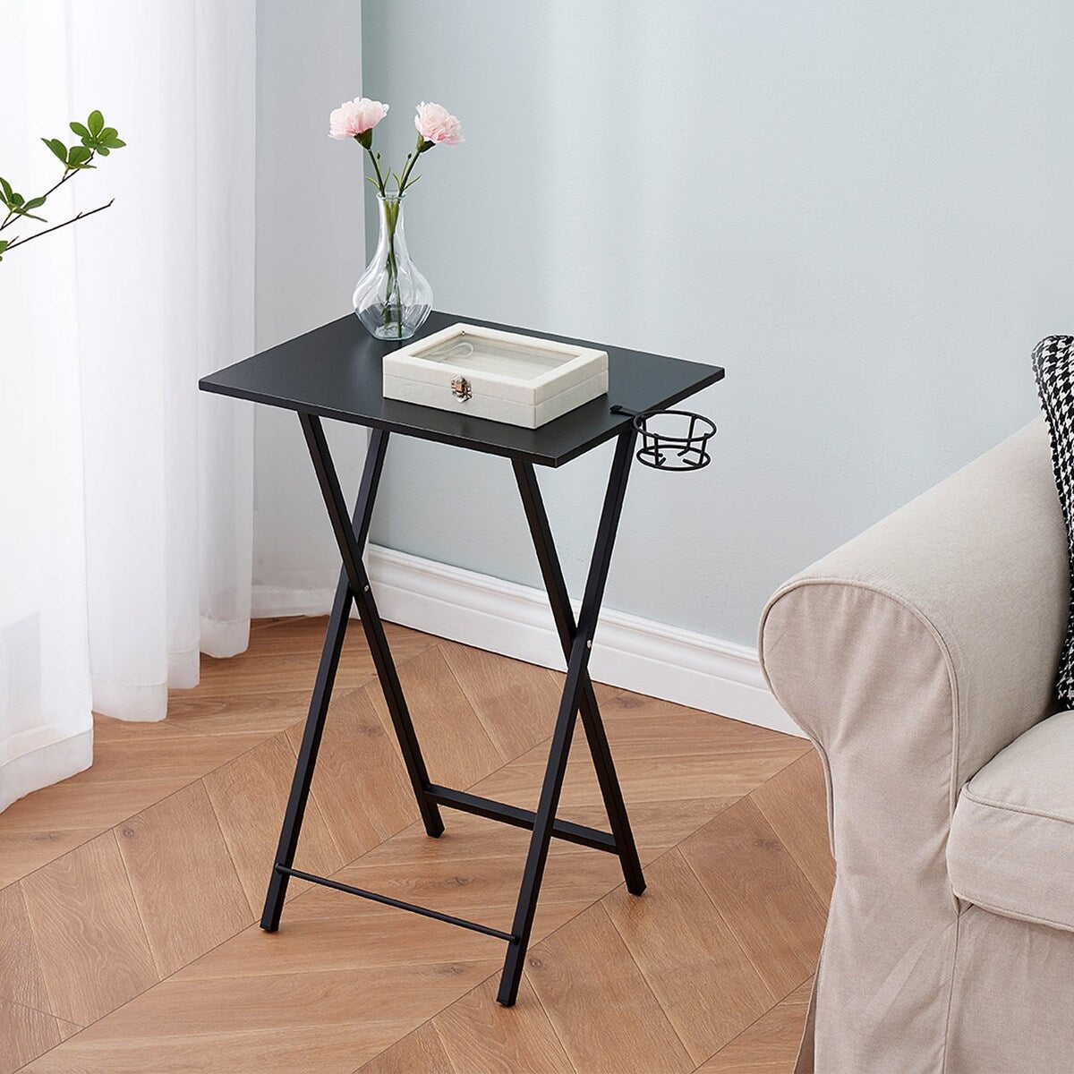 Folding TV Trays Set of 2, Snack Eating Tables with Cup Holder