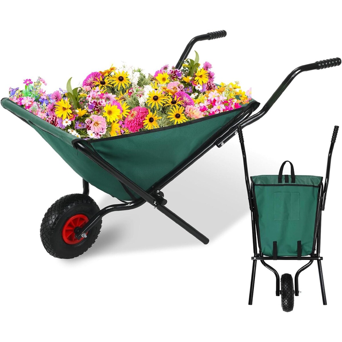Folding Yard Garden Wheelbarrow， Foldable Lightweight Gardening Oxford Cloth Cart with 10 inch Pneumatic Tire