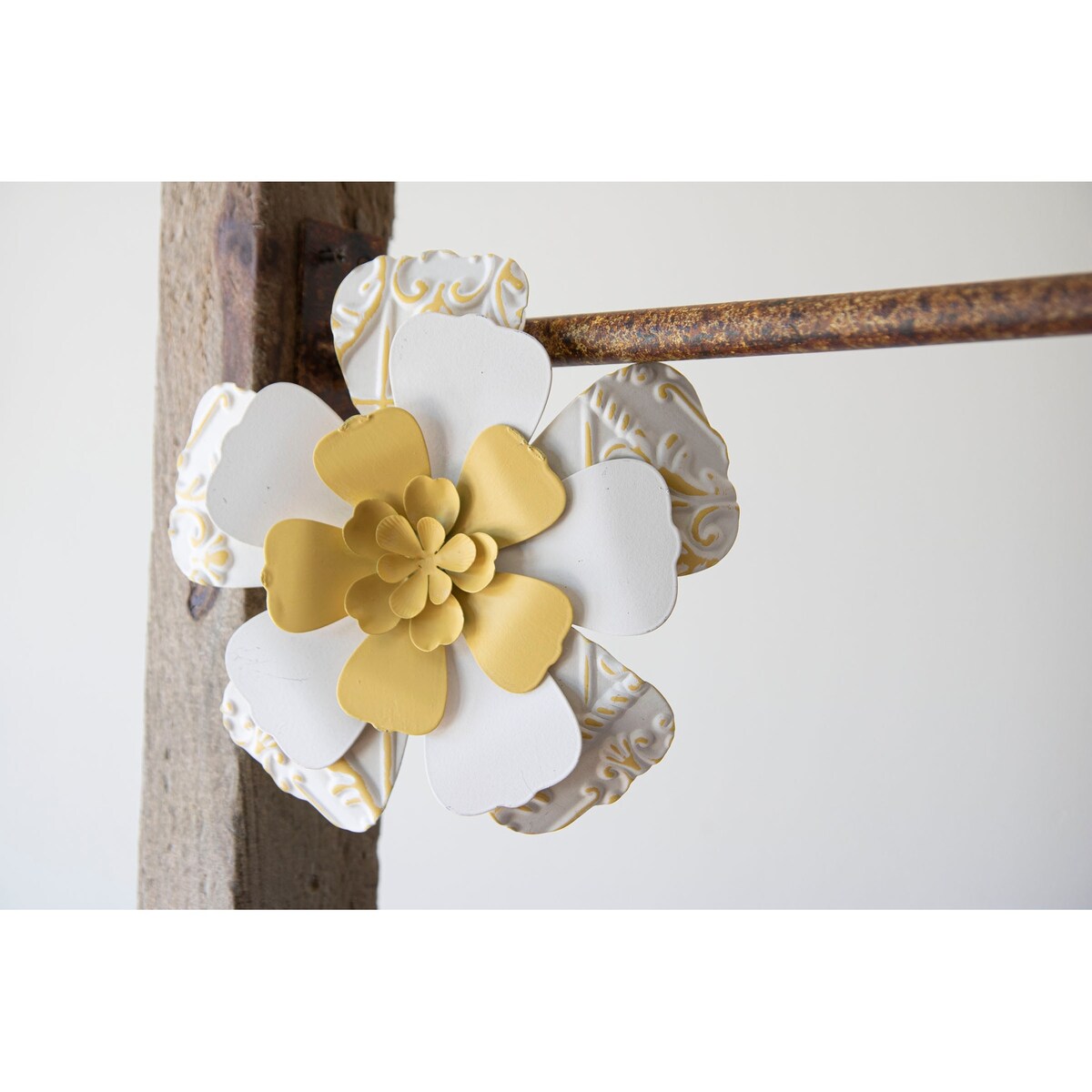 Foreside Home & Garden 7.75 x 7.5 inch White and Yellow Metal Layered Flower Wall Décor