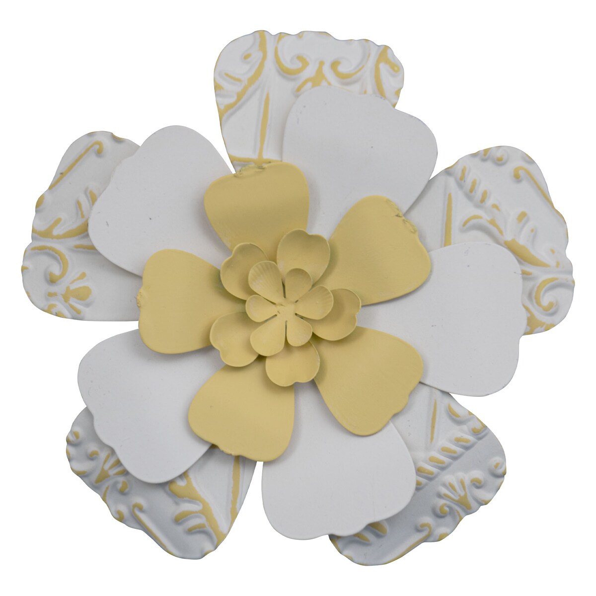 Foreside Home & Garden 7.75 x 7.5 inch White and Yellow Metal Layered Flower Wall Décor