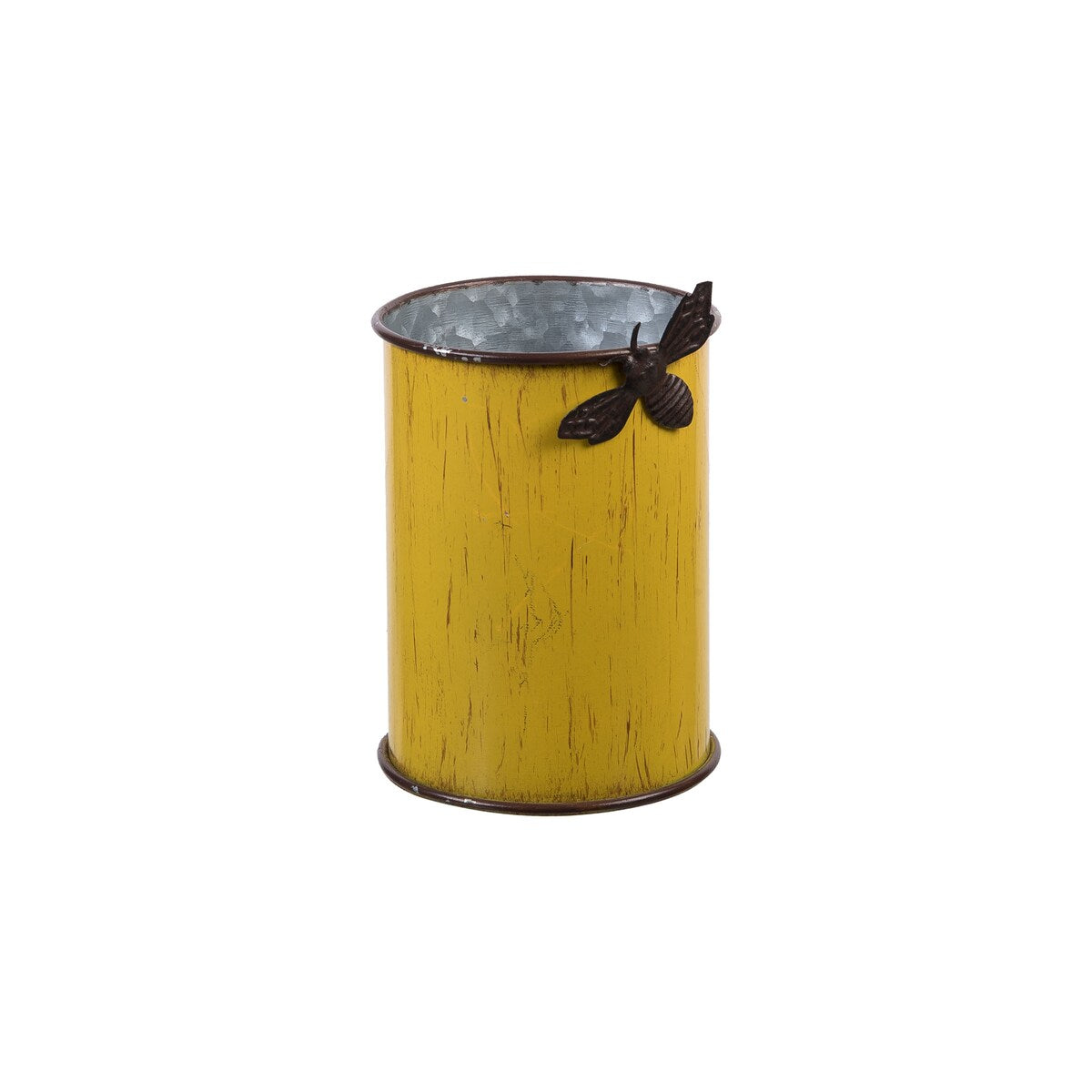 Foreside Home & Garden Distressed Yellow Metal Planter with Metal Bee Figurine