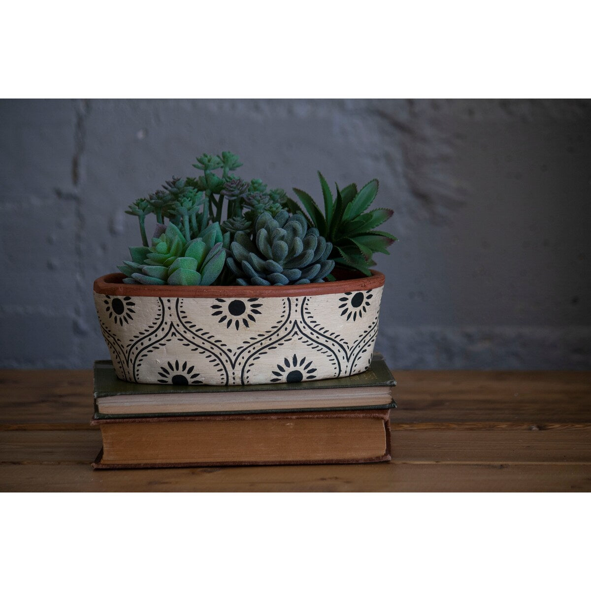 Foreside Home & Garden Natural Handthrown Oval Terracotta Planter with Handpainted Block Pattern