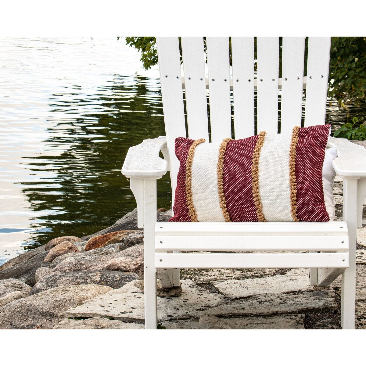 Foreside Home & Garden Red Striped Hand Woven 14x22" Outdoor Decorative Throw Pillow with Pulled Yarn Accents