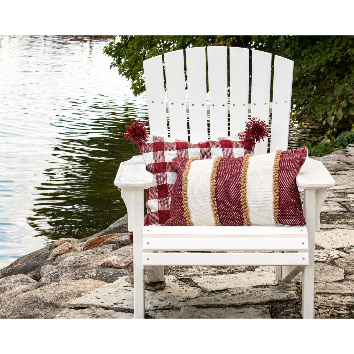Foreside Home & Garden Red Striped Hand Woven 14x22" Outdoor Decorative Throw Pillow with Pulled Yarn Accents