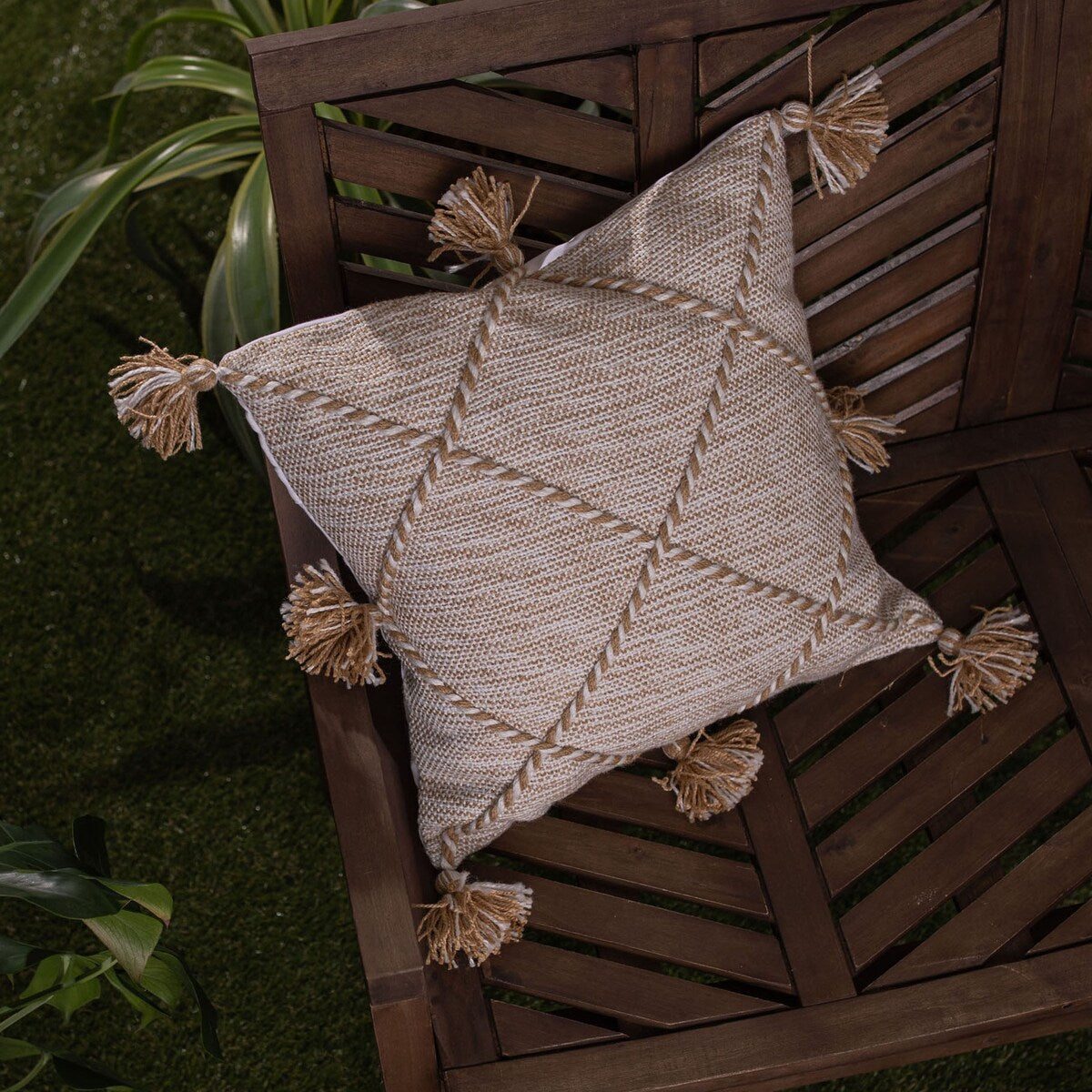 Foreside Home & Garden Tan with Braided Accents 18X18 Hand Woven Filled Outdoor Pillow