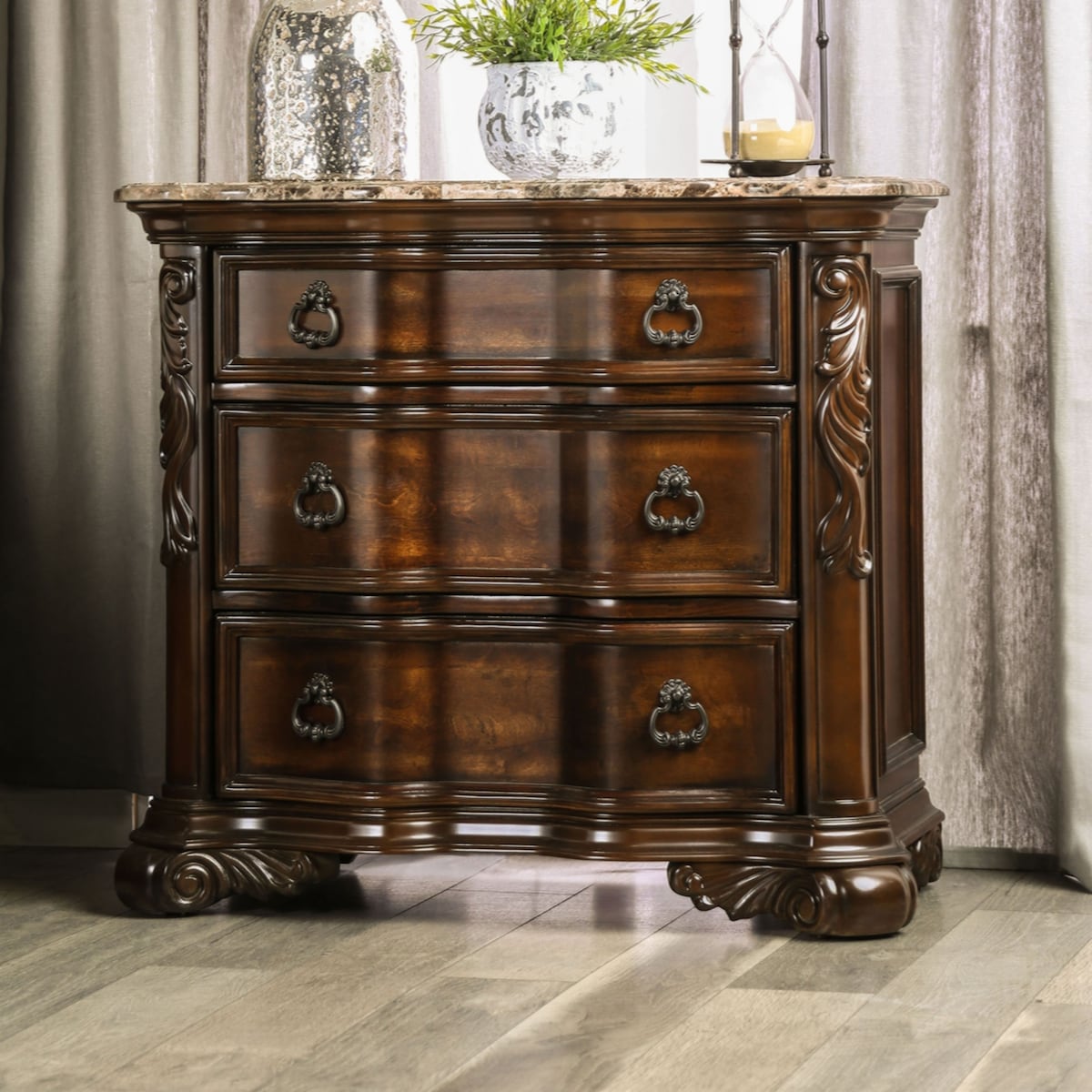 Formal Traditional 1pc Nightstand Only Brown Cherry Solid wood 3-Drawers Faux Wood Carved Details