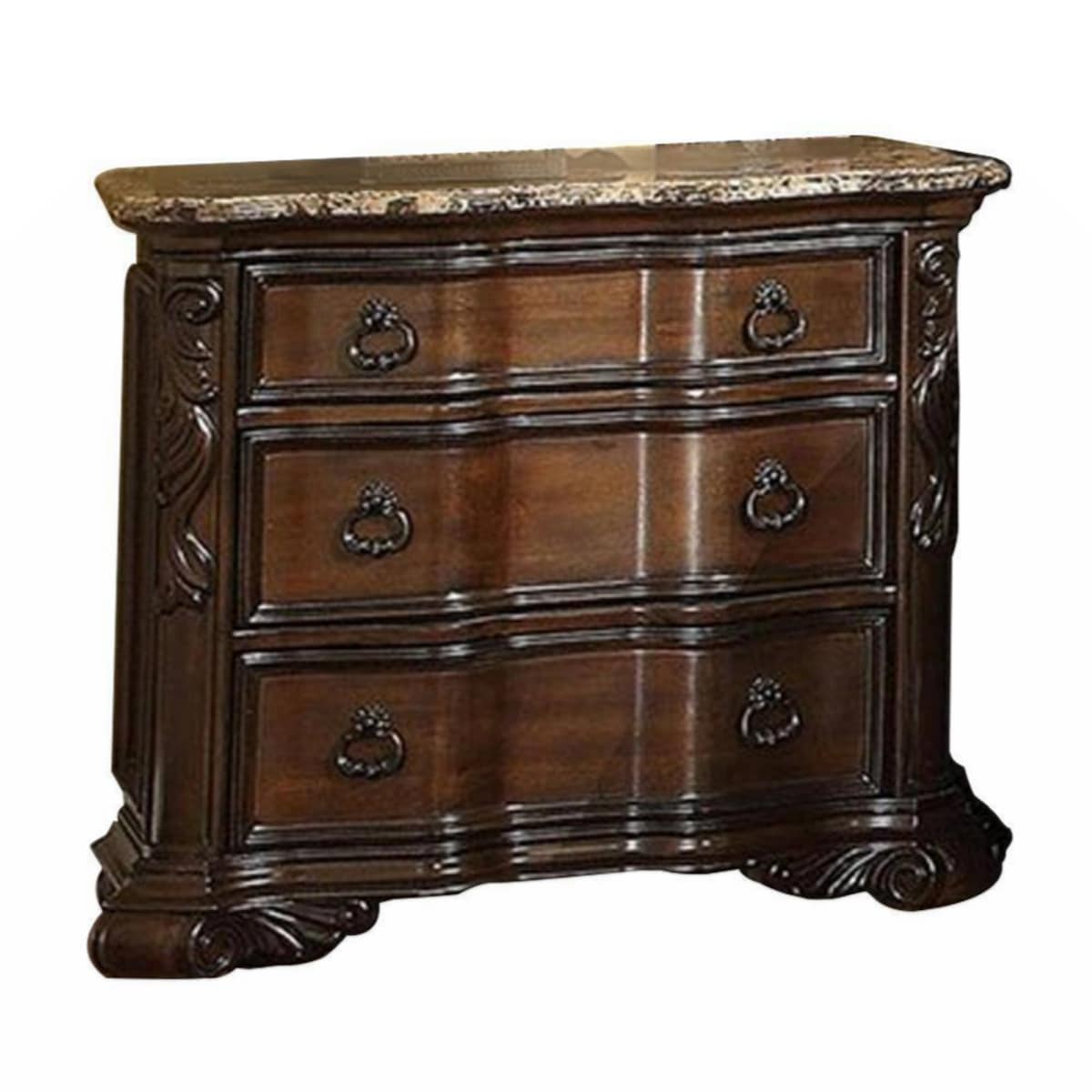 Formal Traditional 1pc Nightstand Only Brown Cherry Solid wood 3-Drawers Faux Wood Carved Details