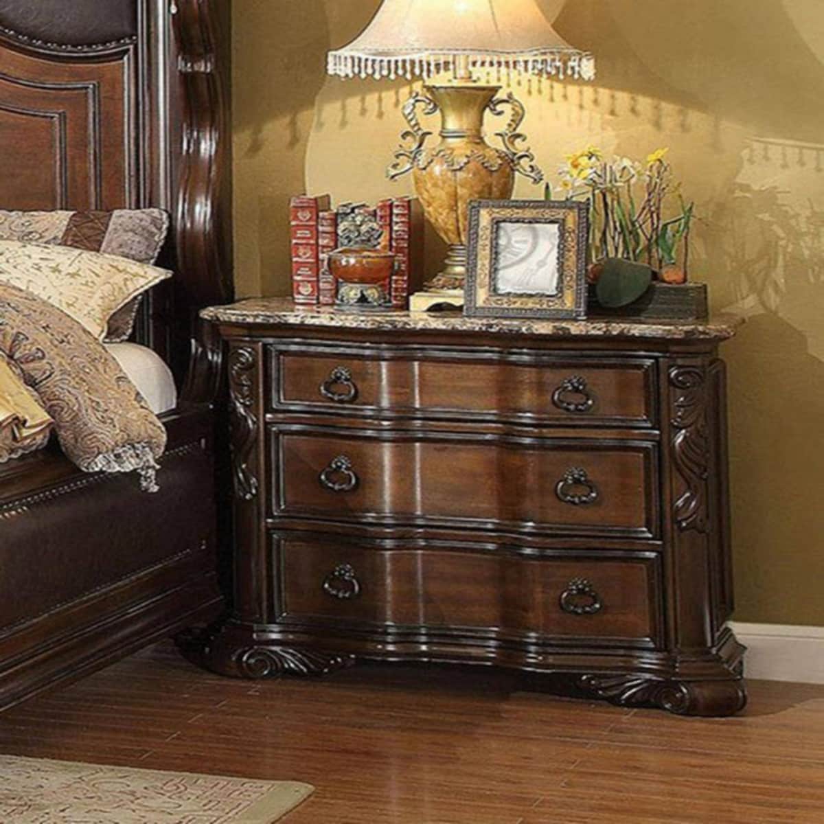 Formal Traditional 1pc Nightstand Only Brown Cherry Solid wood 3-Drawers Faux Wood Carved Details