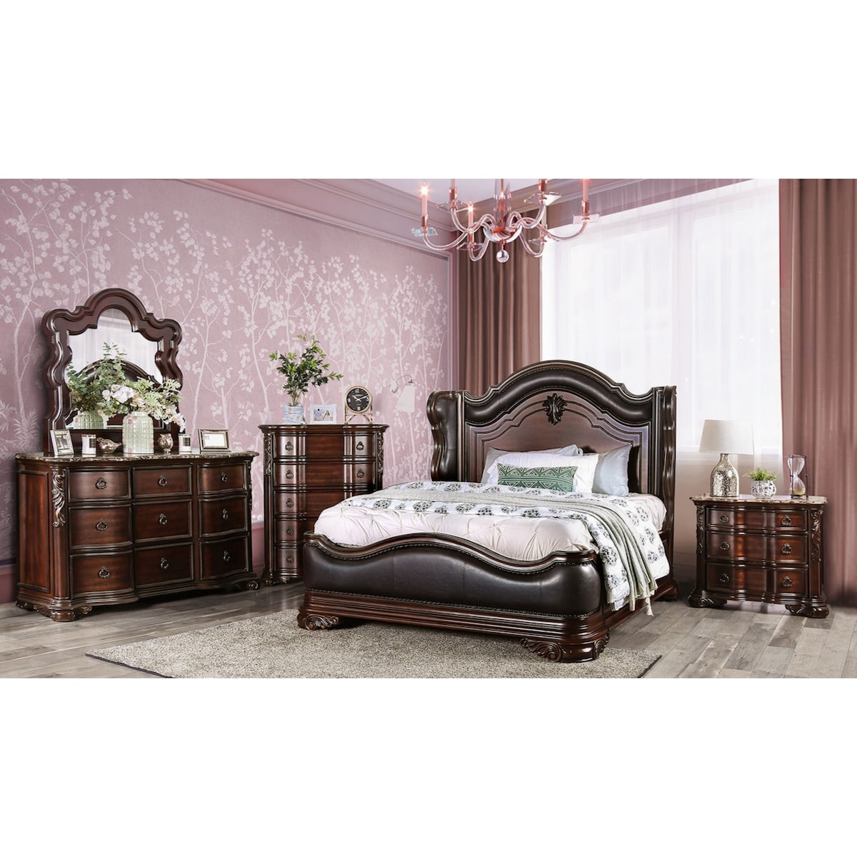 Formal Traditional 1pc Nightstand Only Brown Cherry Solid wood 3-Drawers Faux Wood Carved Details