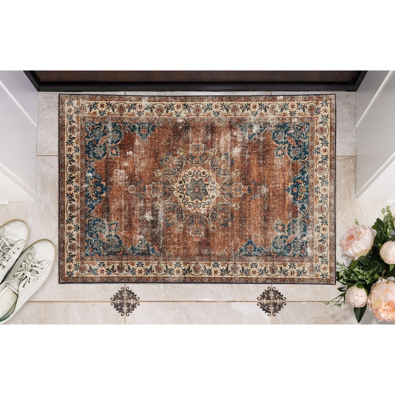 Foster Machine Washable Medallion Russet and Ivory Area Rug