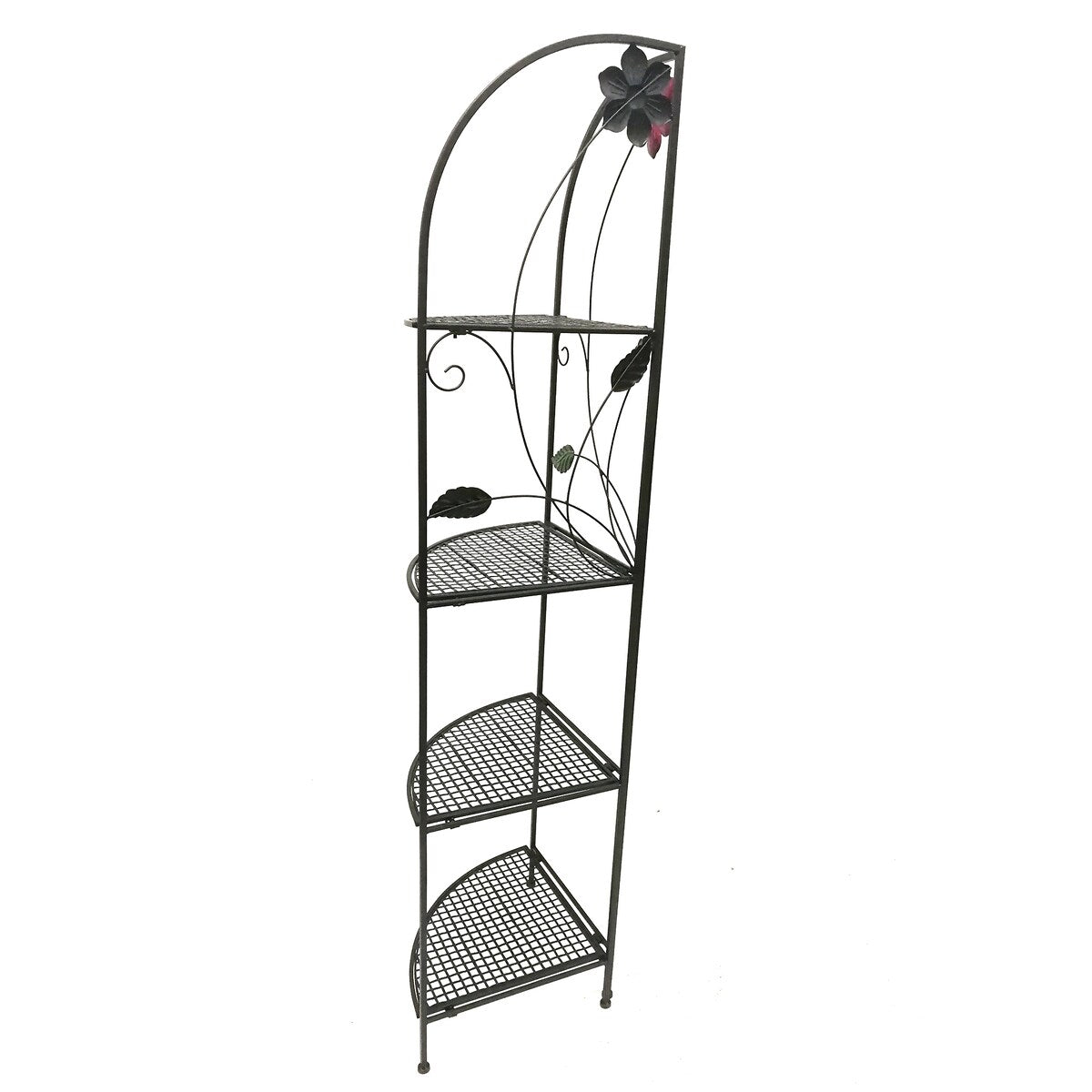 Four Shelf Metal Foldable Corner Rack with Flower Accents, Black