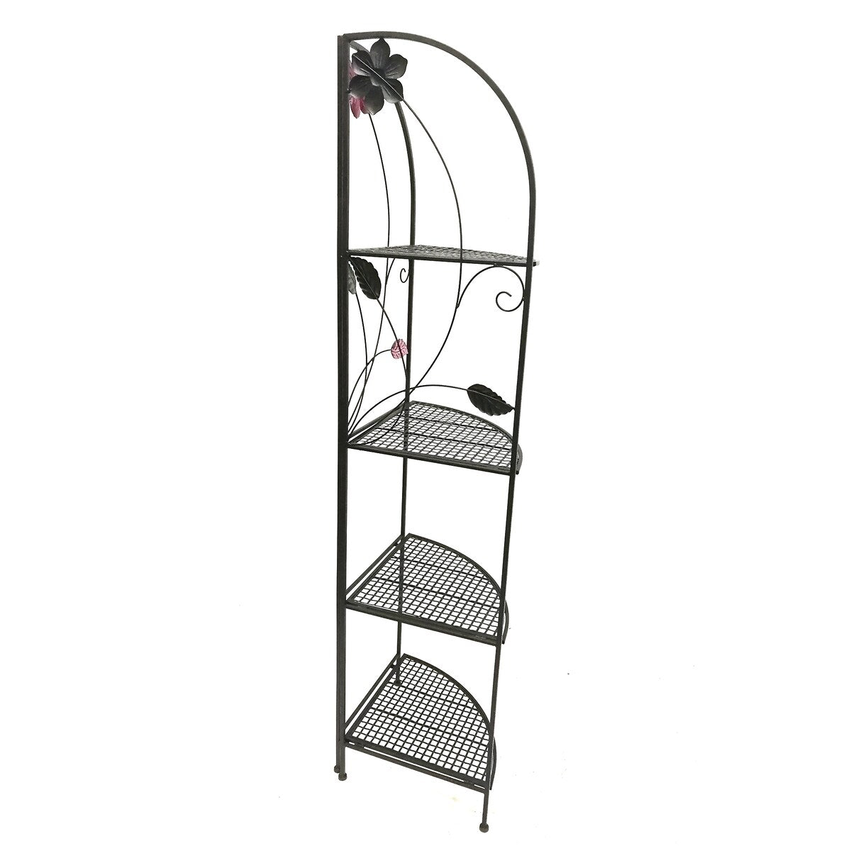 Four Shelf Metal Foldable Corner Rack with Flower Accents, Black