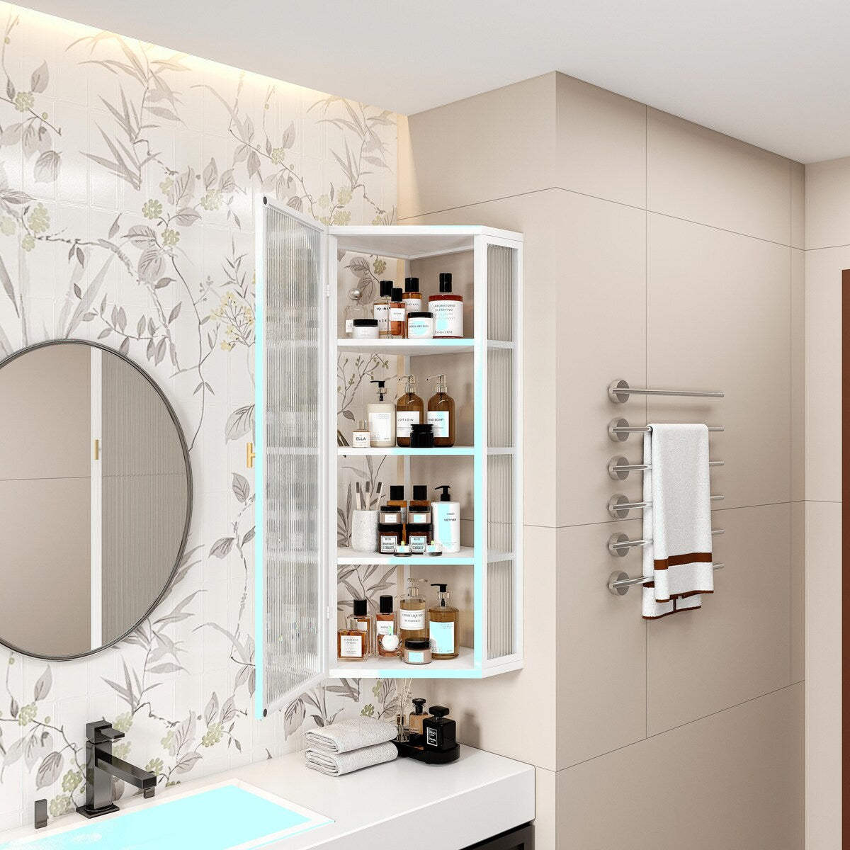 Four-Tier Wall-Mounted Corner Cabinet with Glass Door Storage