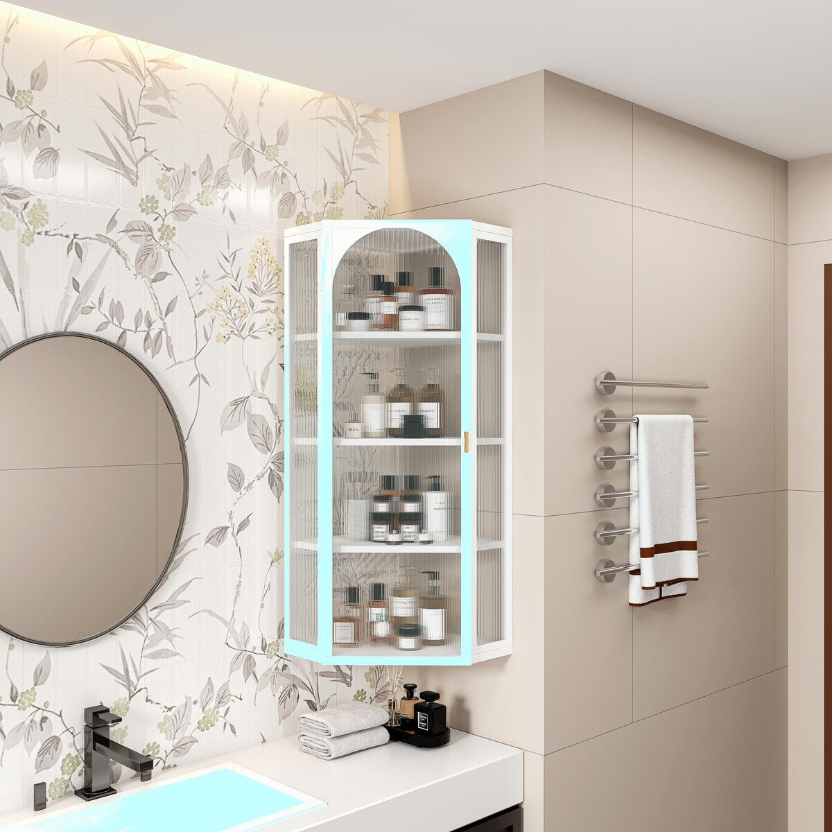 Four-Tier Wall-Mounted Corner Cabinet with Glass Door Storage