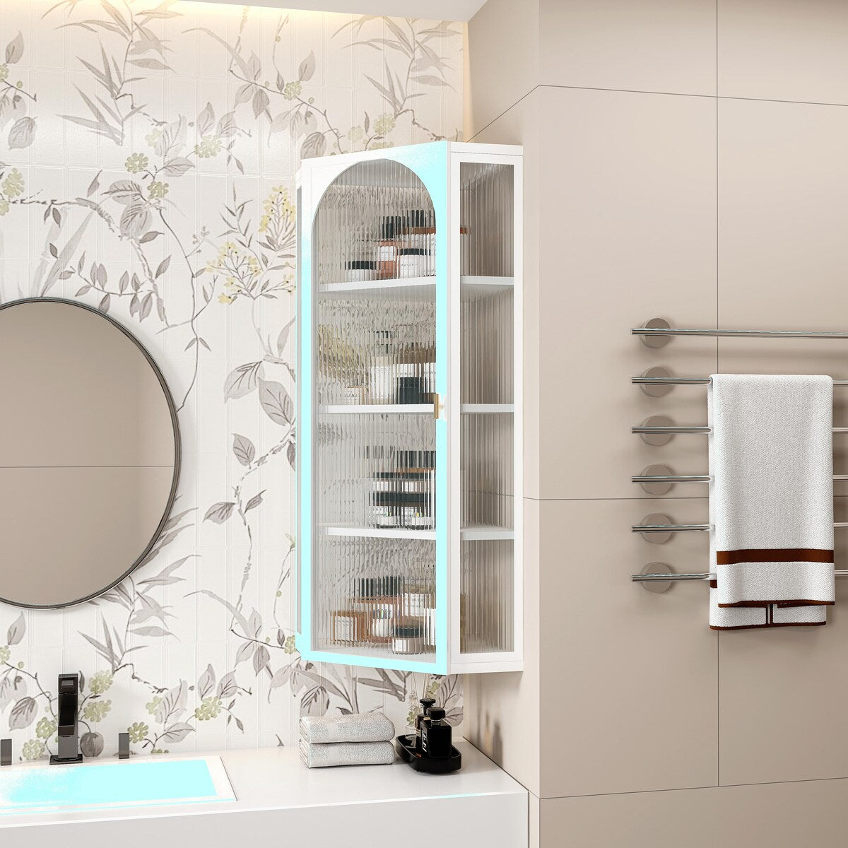 Four-Tier Wall-Mounted Corner Cabinet with Glass Door Storage