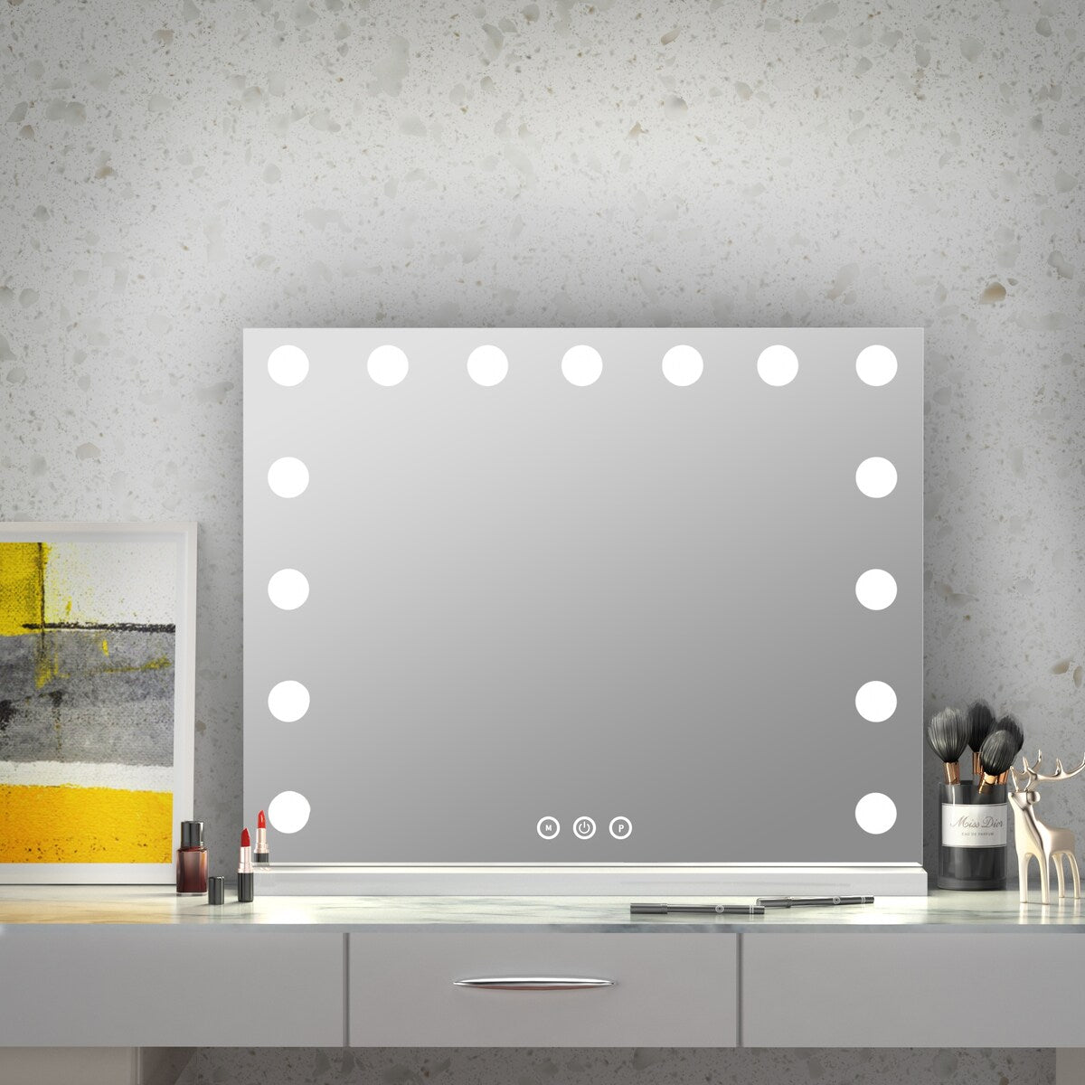 Frameless Modern Full White Metal Vanity Mirror with Lights and USB - 22.84" x 18.11"