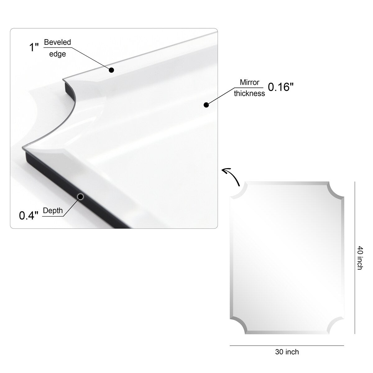 Frameless Rectangle Scalloped Beveled Wall Mirror, Bathroom, Vanity, Bedroom Mirror,1"-beveled Edge - Clear