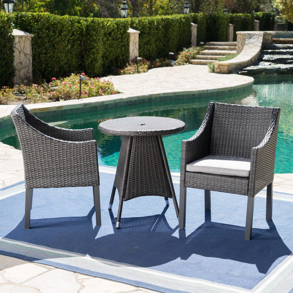 Franco Outdoor 3-Piece Round Wicker Bistro Chat Set with Umbrella Hole & Cushions by Christopher Knight Home - N/A