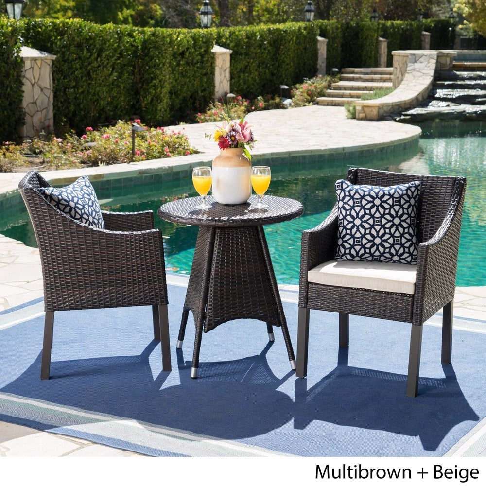 Franco Outdoor 3-Piece Round Wicker Bistro Chat Set with Umbrella Hole & Cushions by Christopher Knight Home - N/A