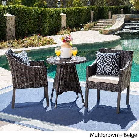 Franco Outdoor 3-Piece Round Wicker Bistro Chat Set with Umbrella Hole & Cushions by Christopher Knight Home - N/A