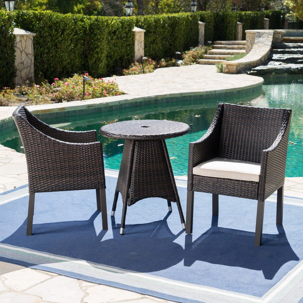 Franco Outdoor 3-Piece Round Wicker Bistro Chat Set with Umbrella Hole & Cushions by Christopher Knight Home - N/A