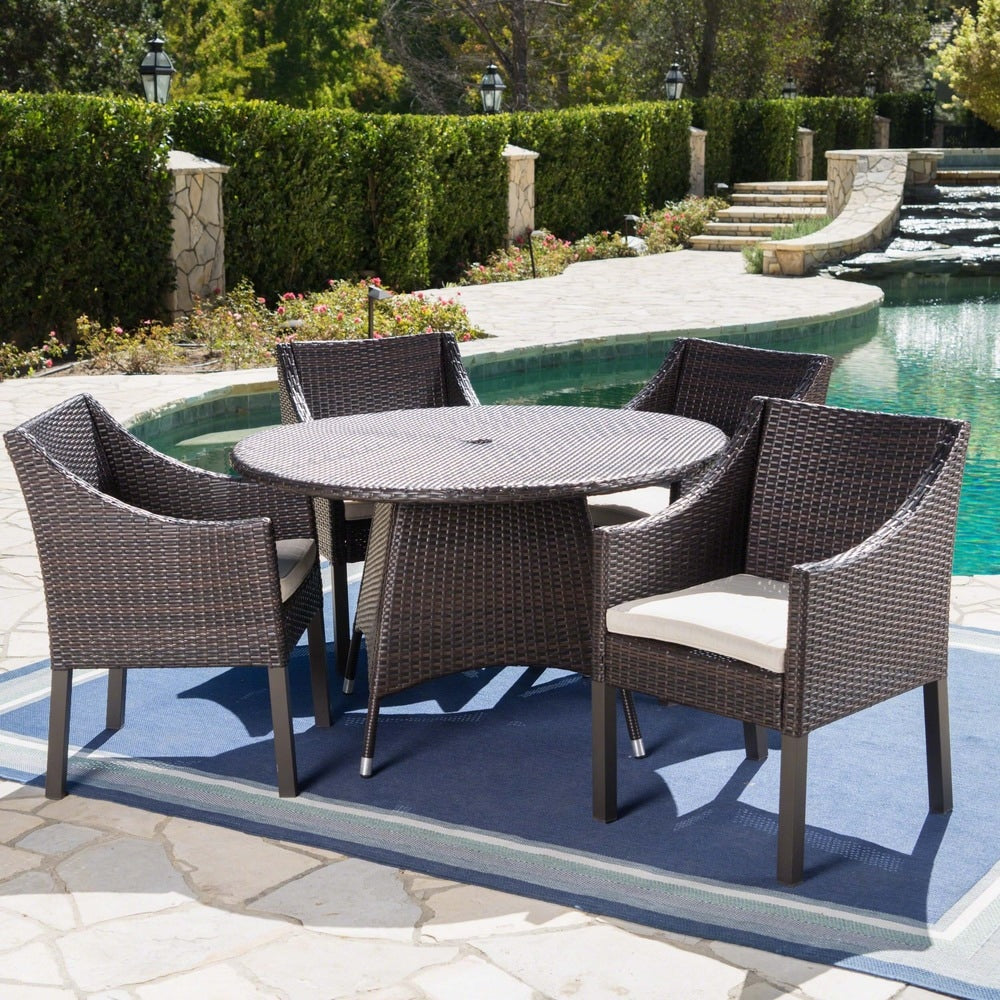 Franco Outdoor 5-piece Round Wicker Dining Set with Cushions & Umbrella Hole by Christopher Knight Home