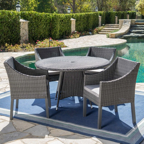 Franco Outdoor 5-piece Round Wicker Dining Set with Cushions & Umbrella Hole by Christopher Knight Home