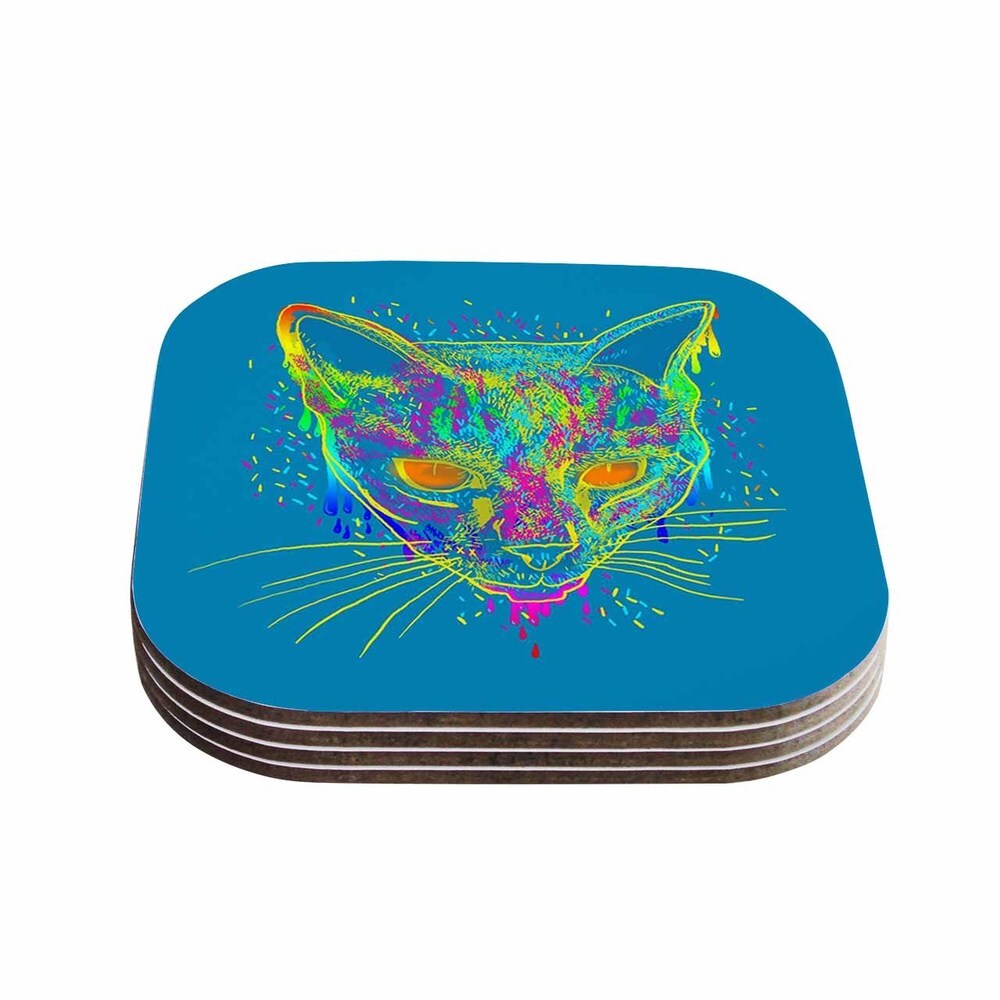 Kess InHouse Frederic Levy-Hadida 'Candy Cat Blue' Blue Rainbow Coasters (Set of 4)
