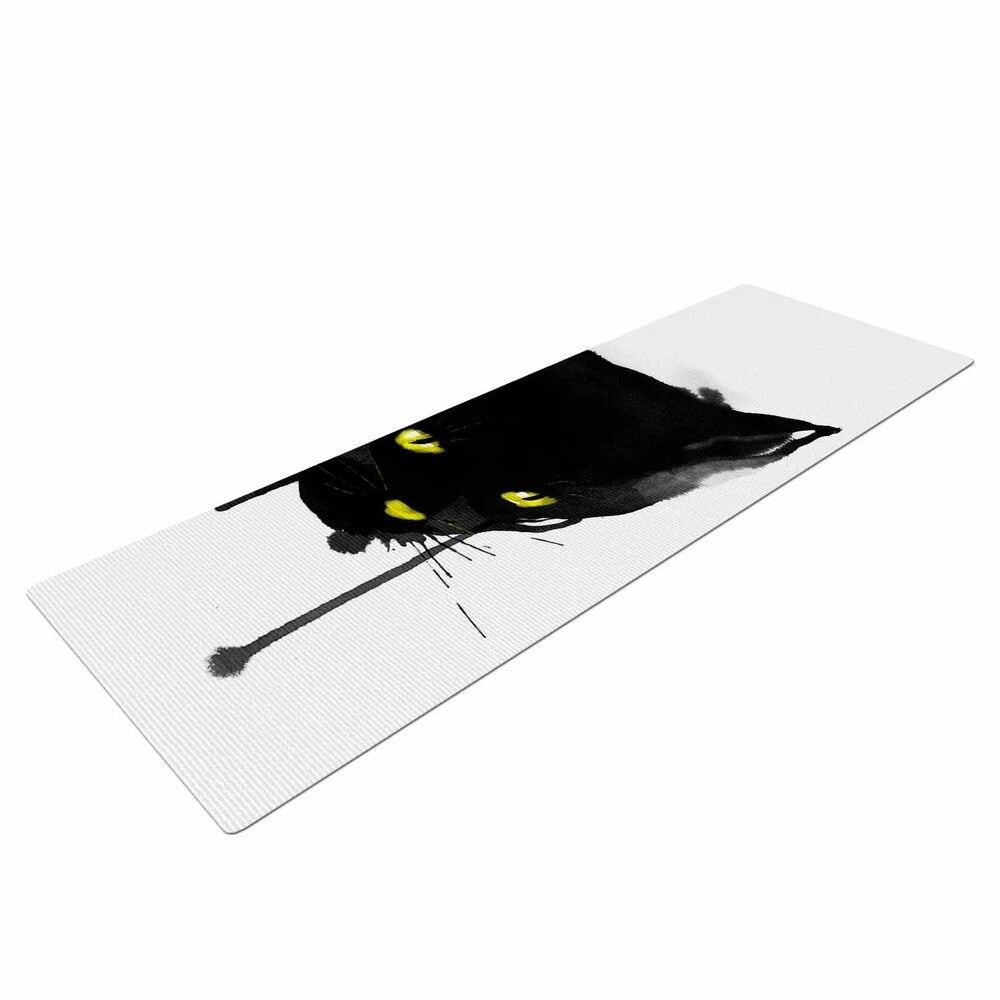 Frederic Levy-Hadida "Sumi Cat" Black White Animal Print Animals Illustration Mixed Media Yoga Mat