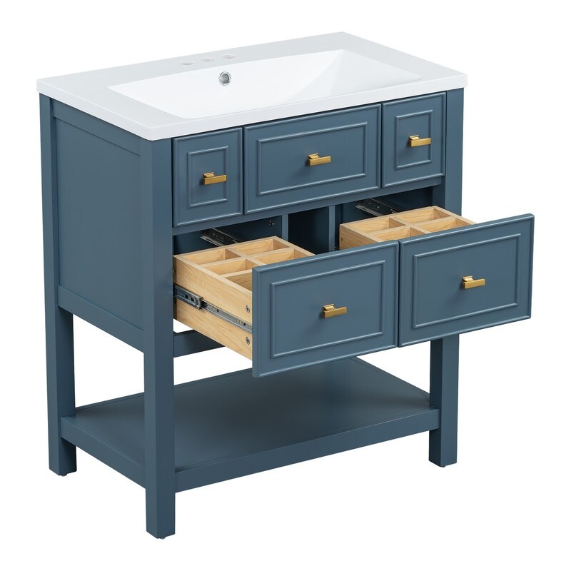 Free Standing 30" Bathroom Vanity with Single Resin Sink, 5 Drawers