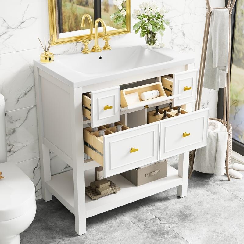 Free Standing 30" Bathroom Vanity with Single Resin Sink, 5 Drawers
