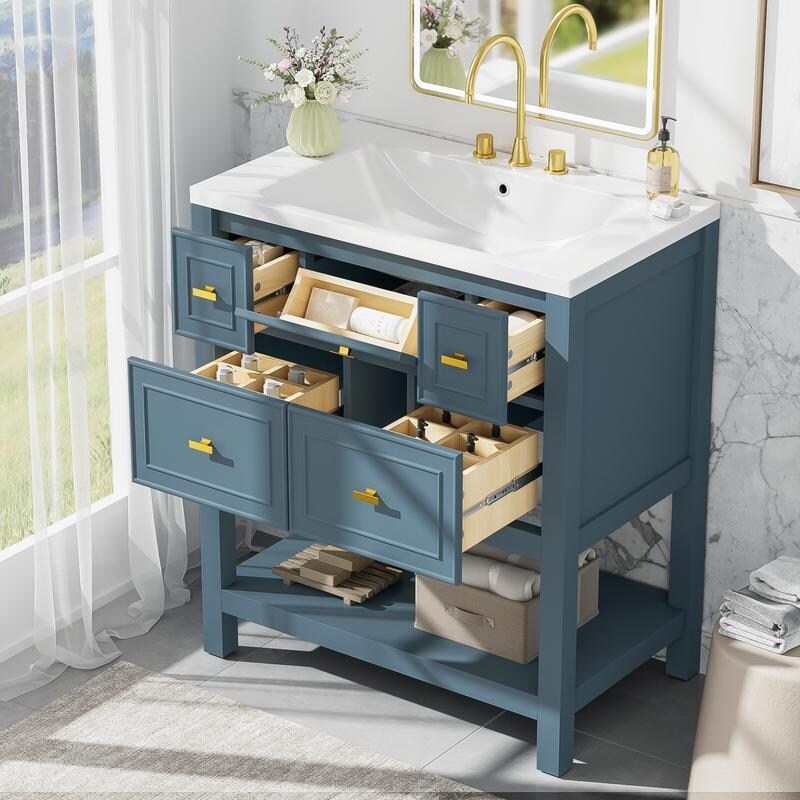 Free Standing 30" Bathroom Vanity with Single Resin Sink, 5 Drawers