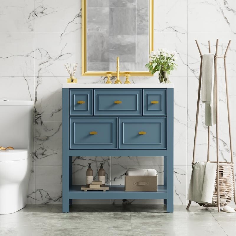 Free Standing 30" Bathroom Vanity with Single Resin Sink, 5 Drawers