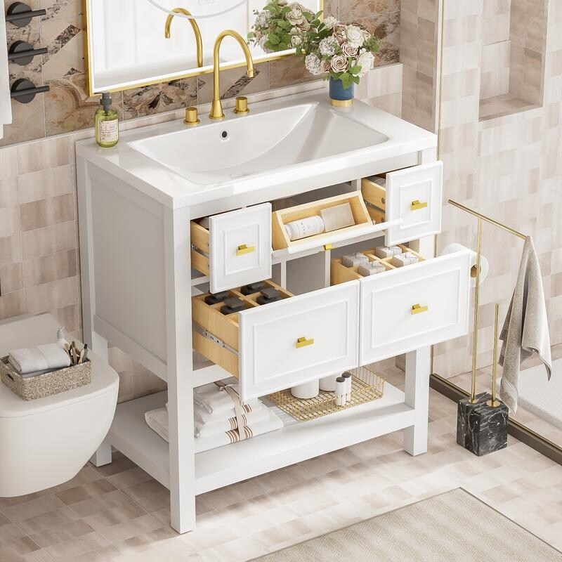 Free Standing 30" Bathroom Vanity with Single Resin Sink, 5 Drawers