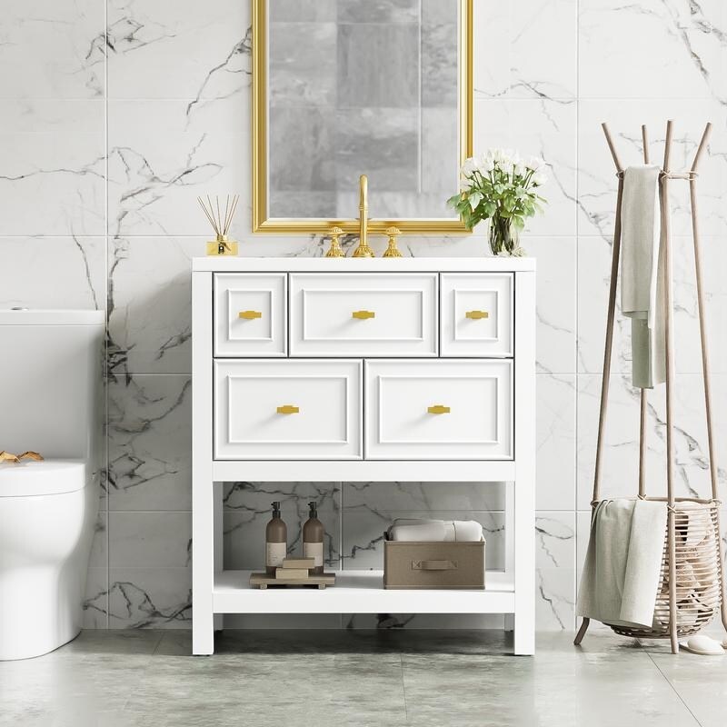Free Standing 30" Bathroom Vanity with Single Resin Sink, 5 Drawers