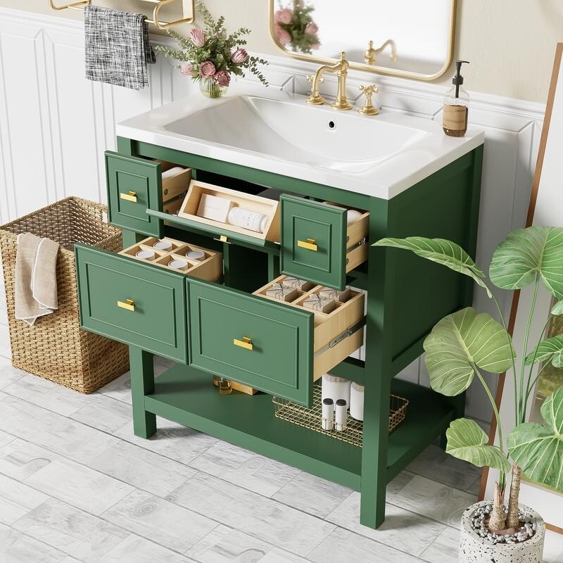 Free Standing 30" Bathroom Vanity with Single Resin Sink, 5 Drawers