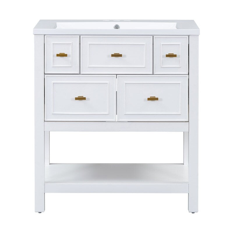 Free Standing 30" Bathroom Vanity with Single Resin Sink, 5 Drawers