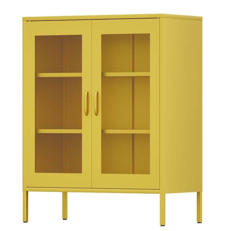 Free Standing Adjustable Shelves Mesh Doors Sideboard Metal Steel Storage Locker Cabinet, Yellow