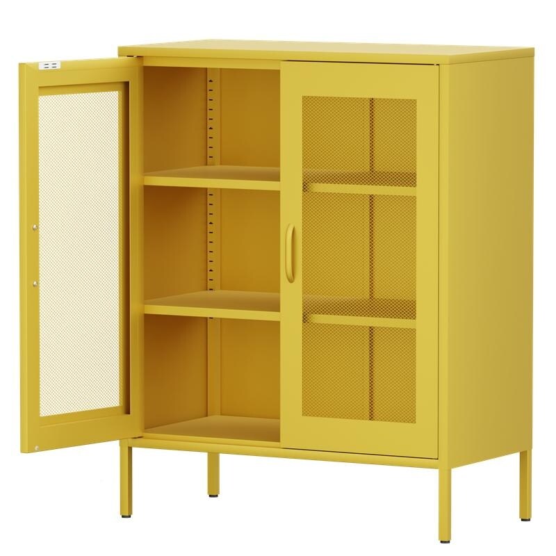 Free Standing Adjustable Shelves Mesh Doors Sideboard Metal Steel Storage Locker Cabinet, Yellow