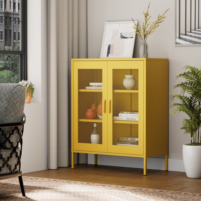Free Standing Adjustable Shelves Mesh Doors Sideboard Metal Steel Storage Locker Cabinet, Yellow