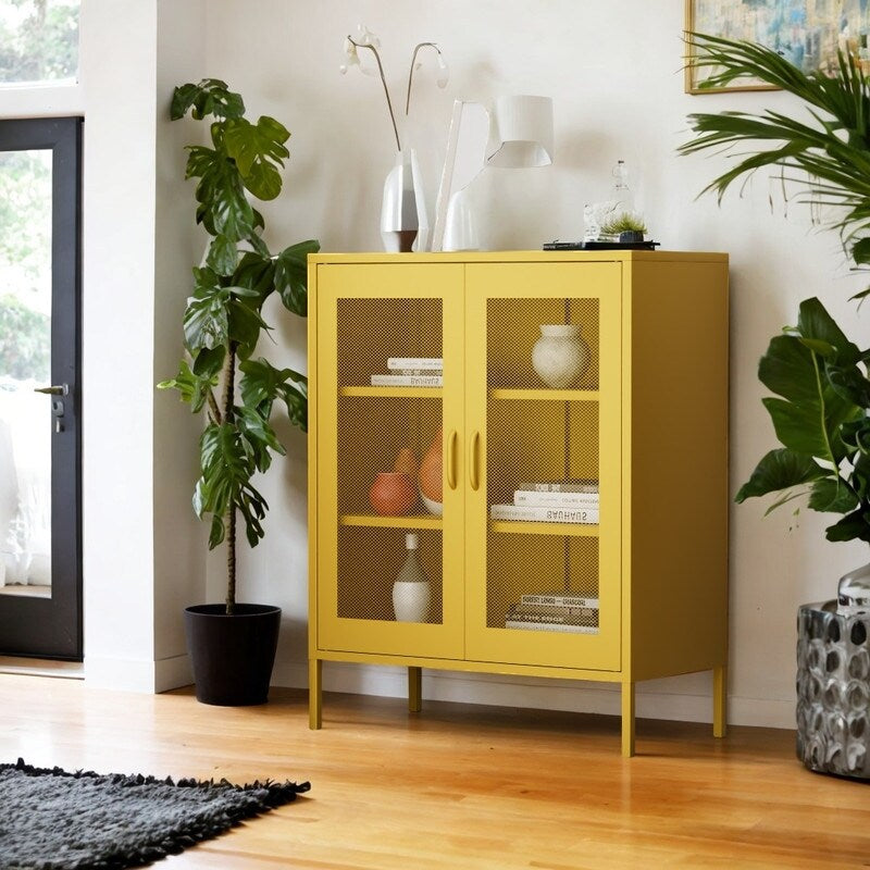 Free Standing Adjustable Shelves Mesh Doors Sideboard Metal Steel Storage Locker Cabinet, Yellow