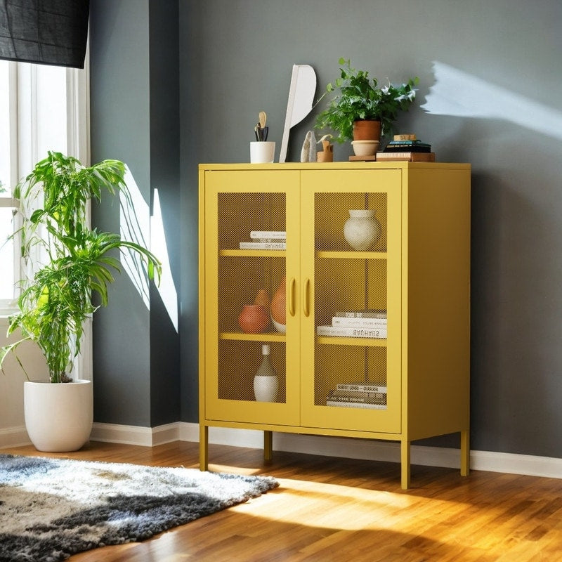 Free Standing Adjustable Shelves Mesh Doors Sideboard Metal Steel Storage Locker Cabinet, Yellow