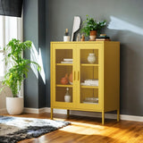 Free Standing Adjustable Shelves Mesh Doors Sideboard Metal Steel Storage Locker Cabinet, Yellow