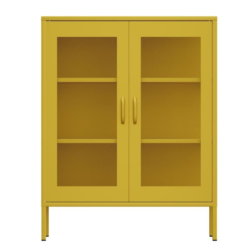 Free Standing Adjustable Shelves Mesh Doors Sideboard Metal Steel Storage Locker Cabinet, Yellow