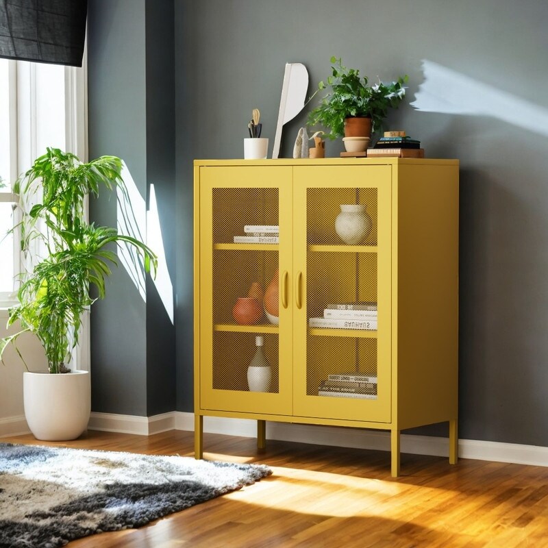 Free Standing Adjustable Shelves Mesh Doors Sideboard Metal Steel Storage Locker Cabinet, Yellow