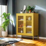 Free Standing Adjustable Shelves Mesh Doors Sideboard Metal Steel Storage Locker Cabinet, Yellow