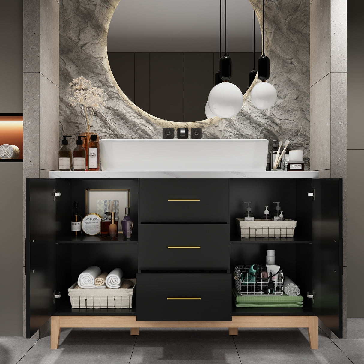 Free Standing Single Bathroom Vanity with Top Lacquer Black/Gold