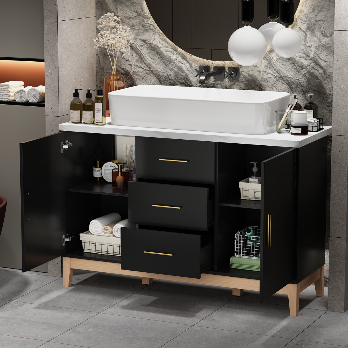Free Standing Single Bathroom Vanity with Top Lacquer Black/Gold