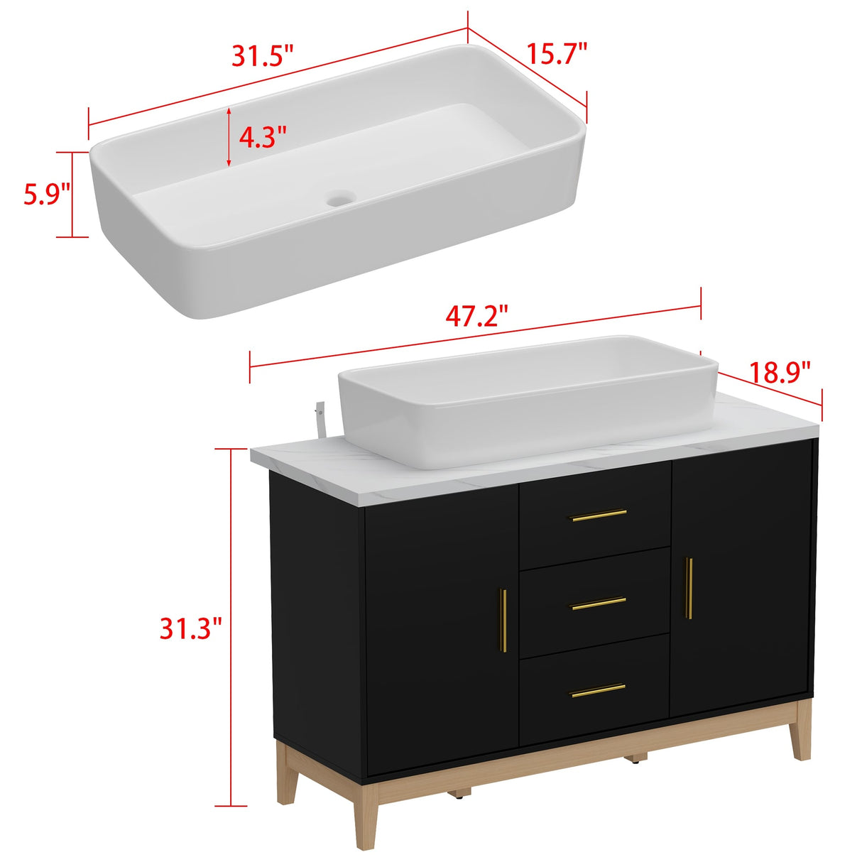 Free Standing Single Bathroom Vanity with Top Lacquer Black/Gold